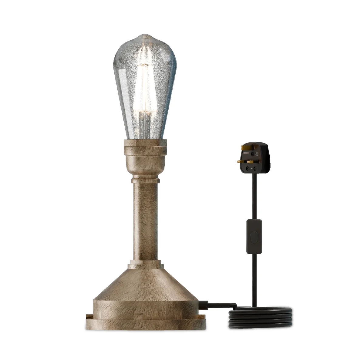 Retro pipe lamp with industrial metal water pipe design, inline switch, and E27 bulb on compact table base in brushed copper finish