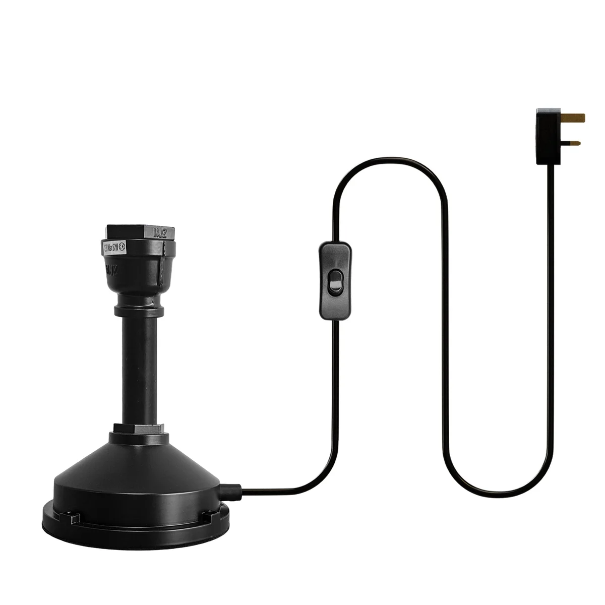 Black steampunk table lamp with industrial water pipe design and inline switch on a wooden desk surface