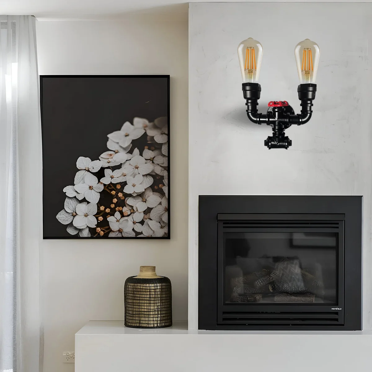 Steampunk wall sconce with twin black water pipe arms and red valve detail