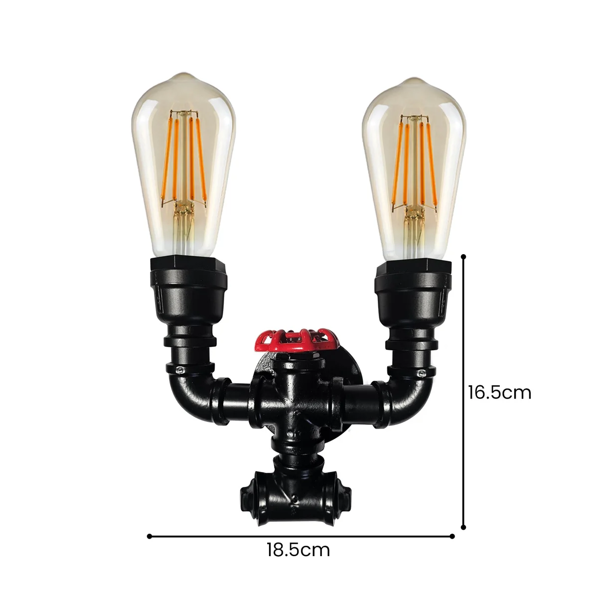 Black steampunk twin water pipe E27 wall light with red valve, metal construction, two sockets.