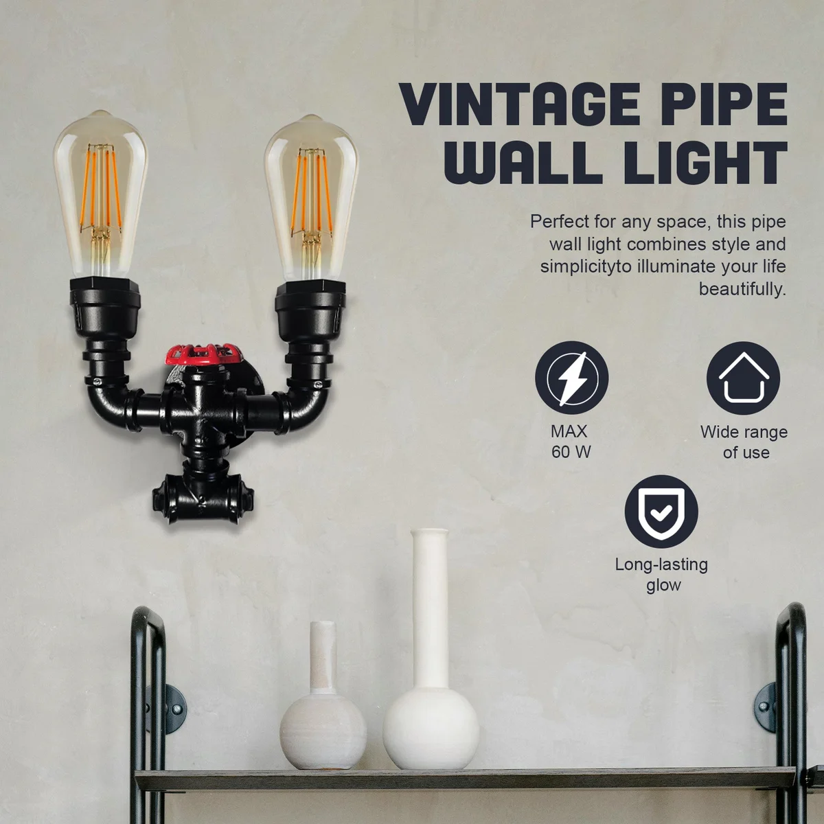 Black wall light with twin steel water pipe arms and red valve detail, housed in heavy metal, supporting two E27 sockets