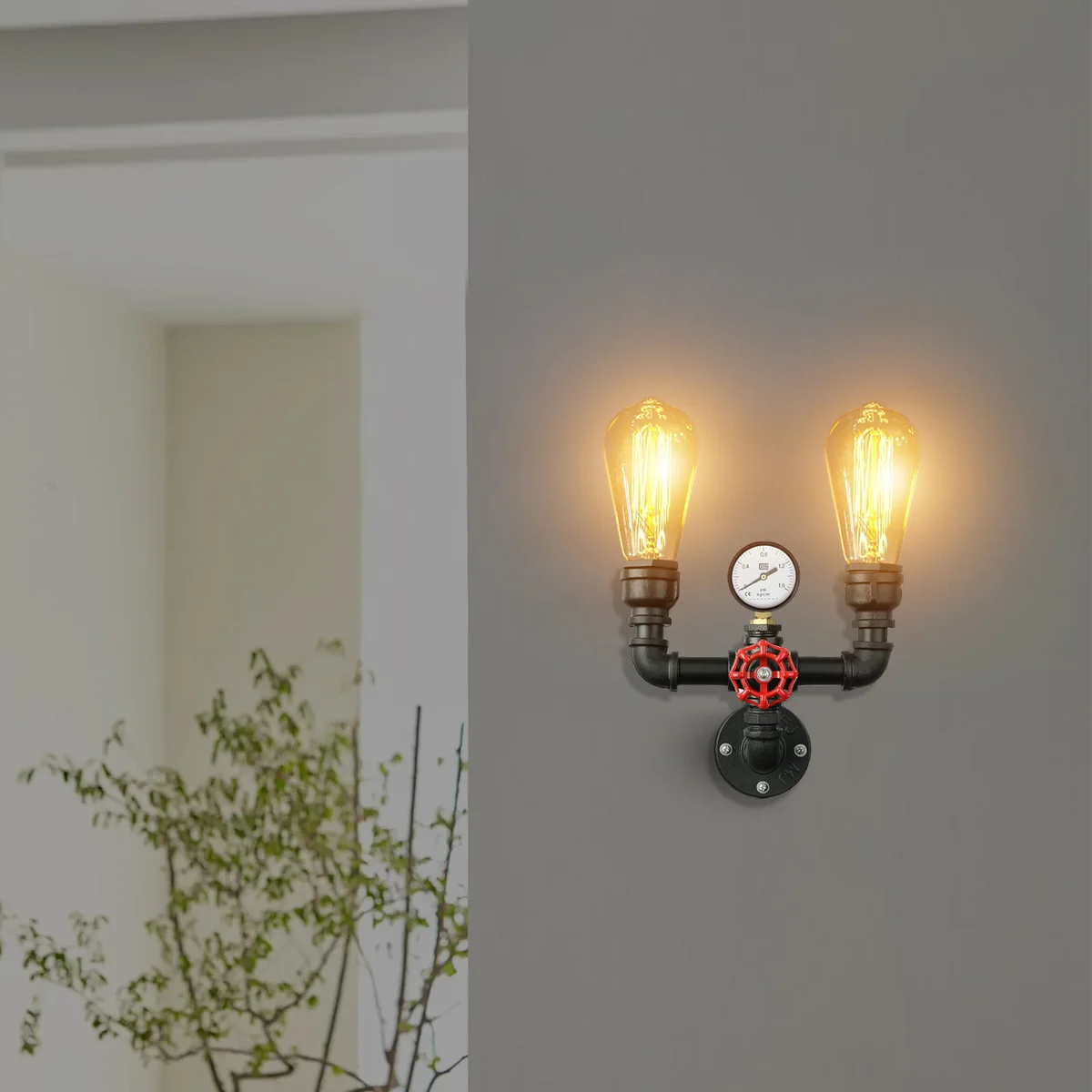 Vintage industrial steampunk wall sconce with twin water pipe arms, red valve detail, and brushed copper finish.