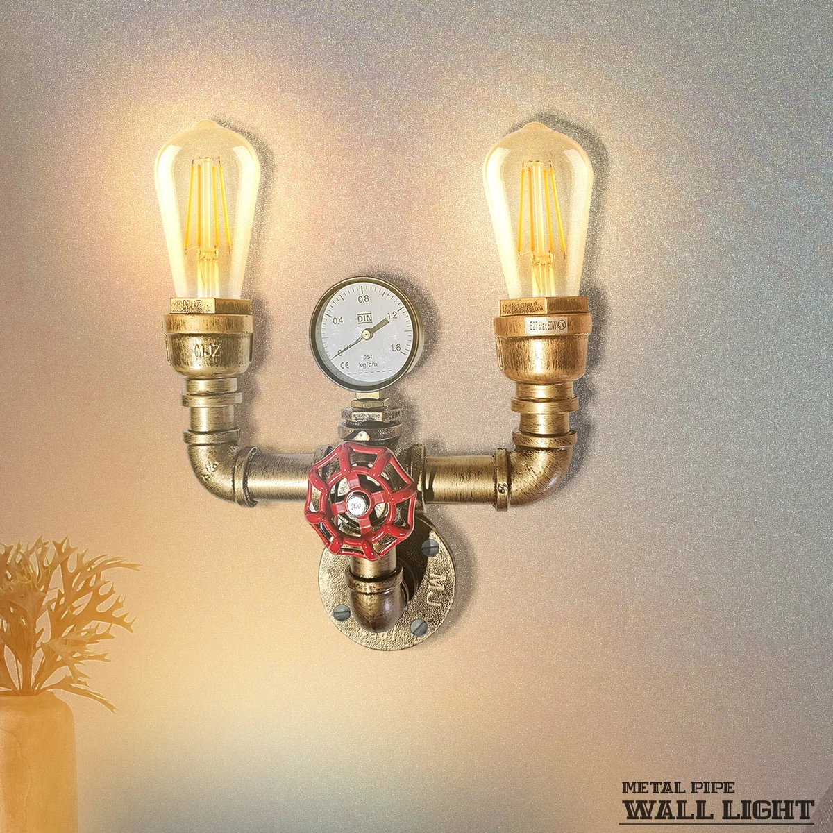 Vintage industrial twin water pipe light with dual E27 bulb holders, brushed copper finish and red valve detail on wall