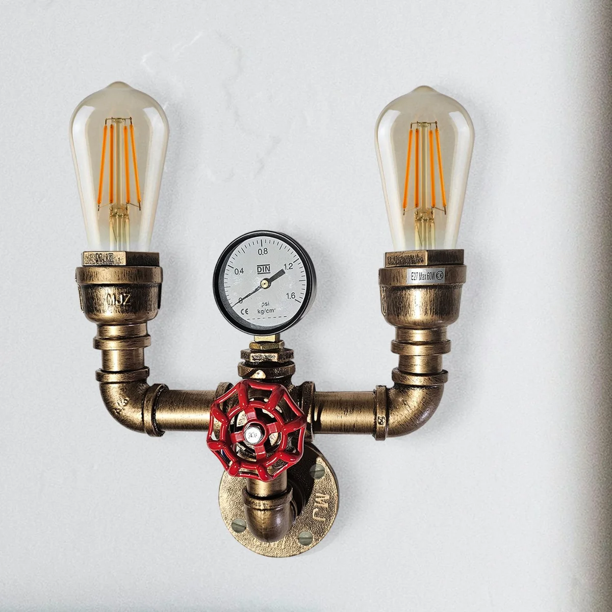 Vintage industrial lamp with twin water pipe arms, red valve detail, and brushed copper metal wall mount