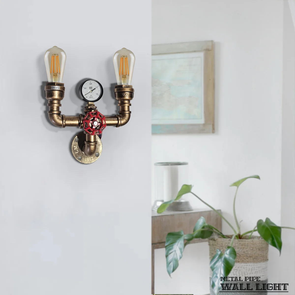 Vintage industrial steampunk E27 wall light with twin water pipe arms and red valve on brushed copper metal mount