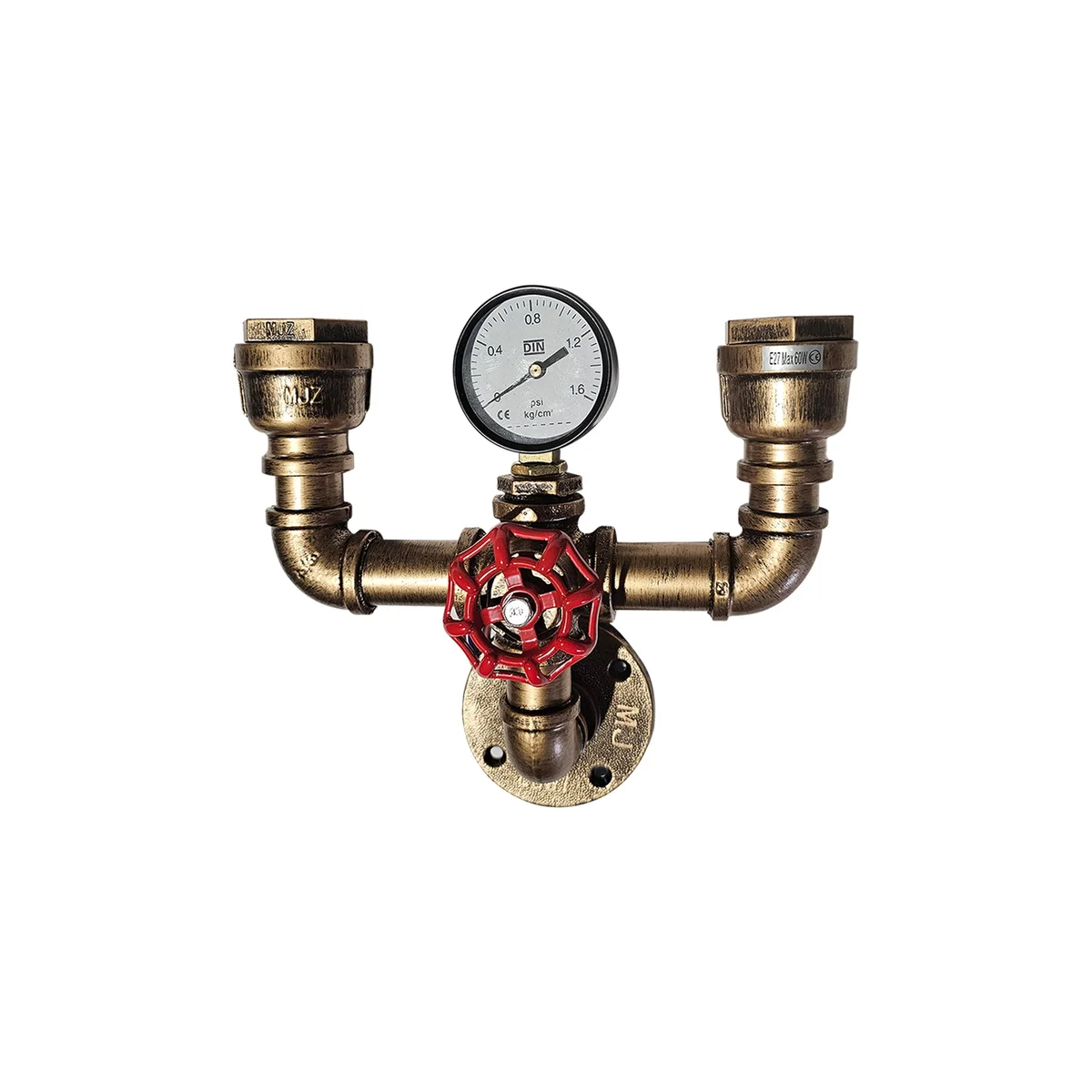 Vintage industrial wall light with twin water pipe arms, red valve detail, and brushed copper finish mounted on wall