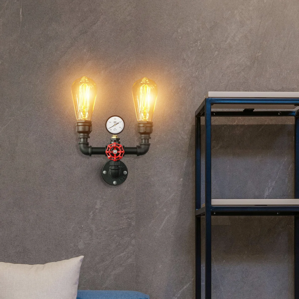Vintage industrial wall light with twin water pipe design, brushed copper finish, and red valve detail mounted on wall