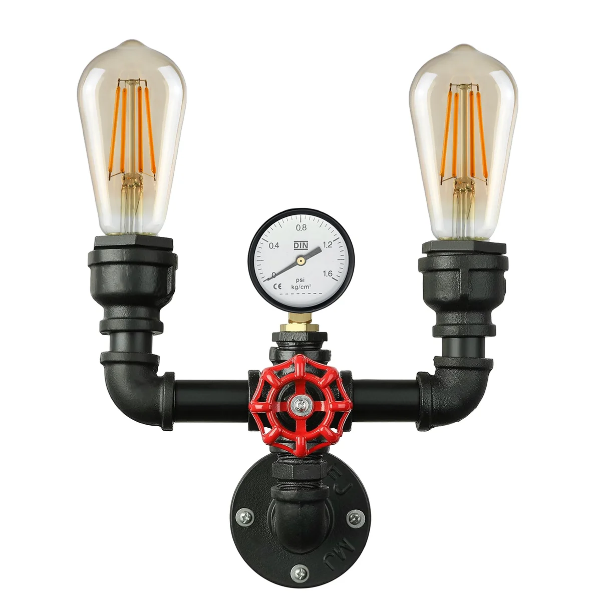 Vintage industrial wall light with twin water pipe arms, red valve detail, and brushed copper finish mounted on wall