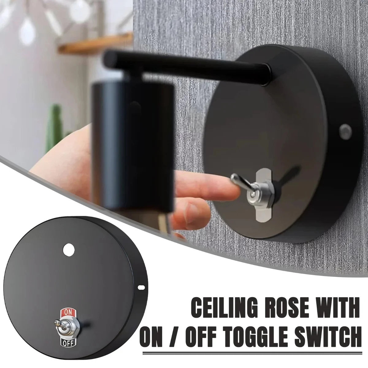 Metal ceiling rose with toggle switch in vintage style for indoor hardwired lighting installation, smudge-resistant finish