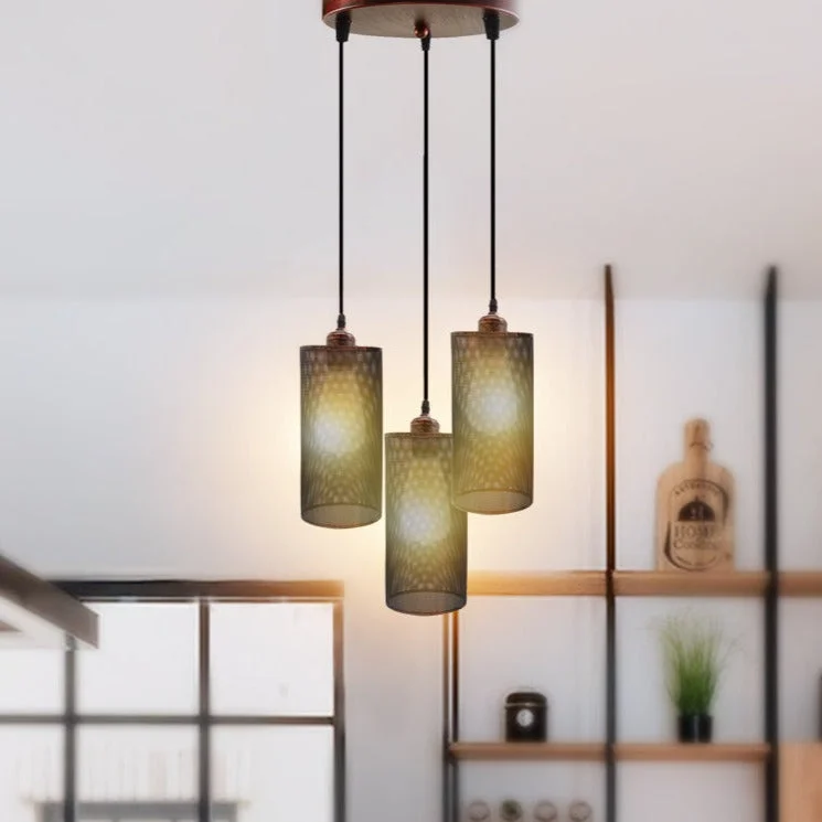 Retro ceiling pendant light with three adjustable metal barrel cage shades and E27 bulb holders hanging from a ceiling rose