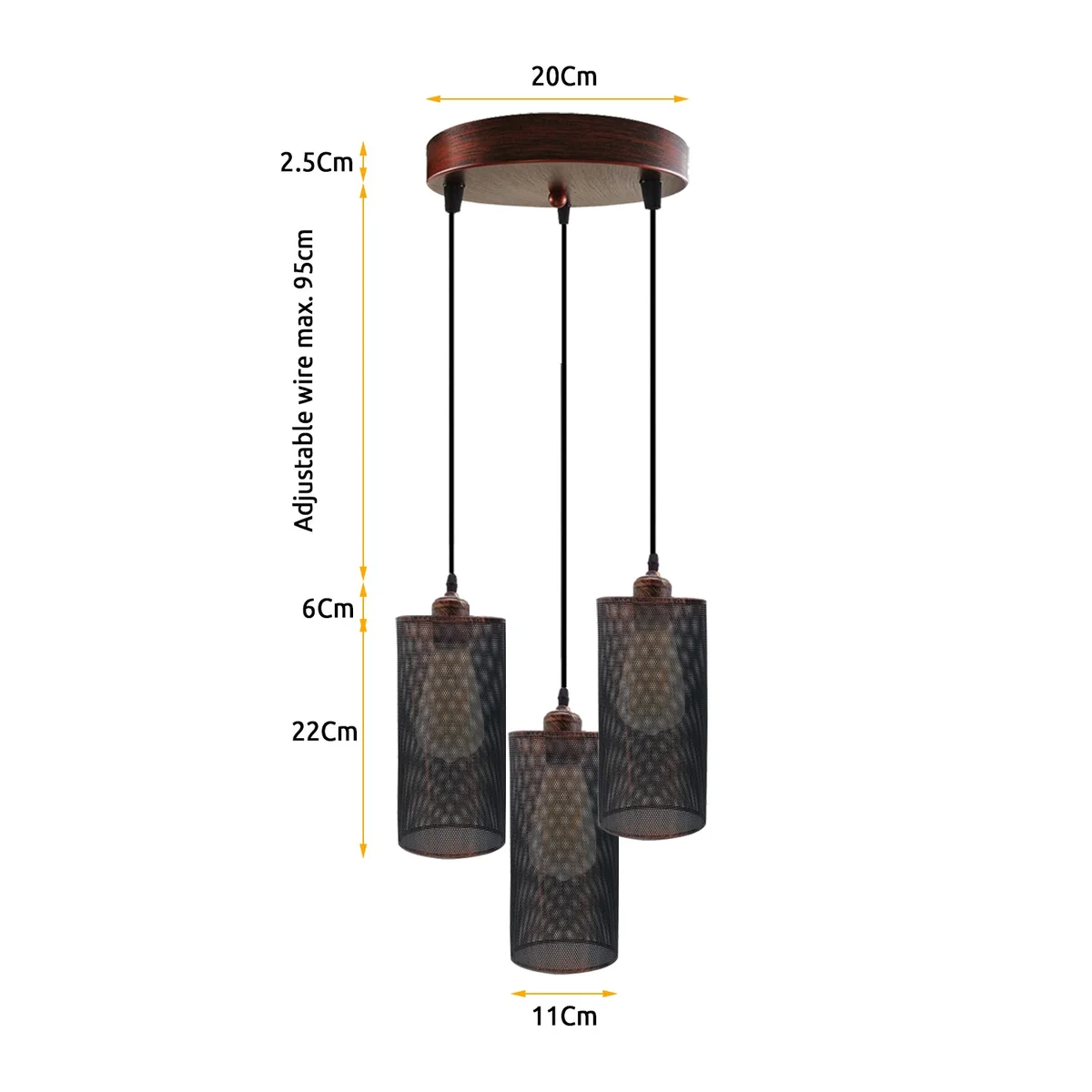 Retro style 3 head pendant light with round metal cage shades and adjustable cables, suitable for indoor ceiling mounting