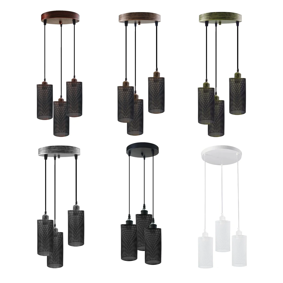 Three vintage pendant lighting fixtures with round metal cage shades and adjustable cords hanging from ceiling rose