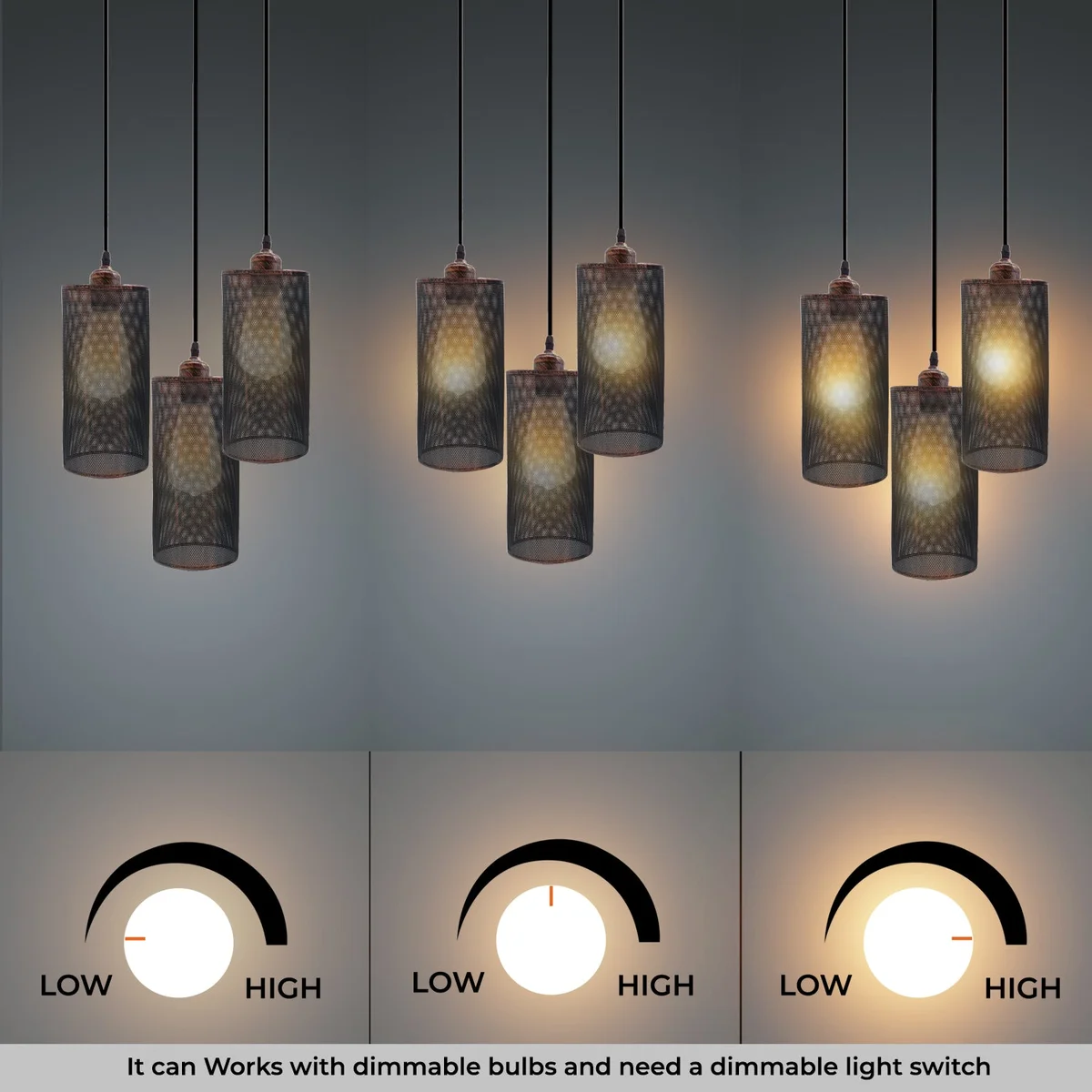 Three-head retro metal cage pendant light with adjustable cables and E27 holders, suitable for indoor ceiling installation