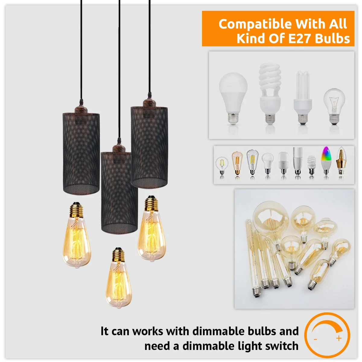 Retro 3-way round ceiling cage pendant light with adjustable cords, metal shades, designed for E27 bulb pendant light use
