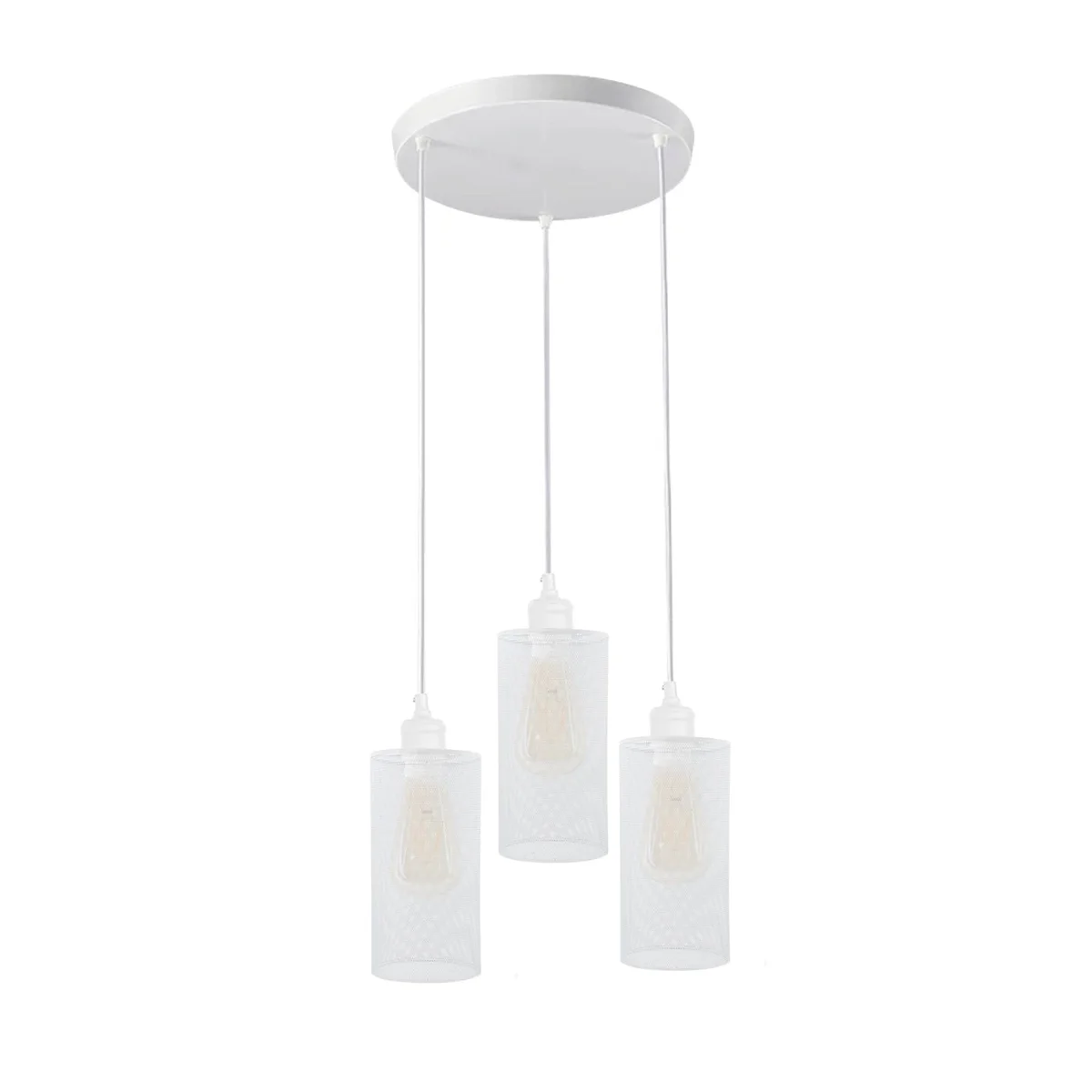 Retro 3 head dimmable ceiling lamp with round metal cage shades and adjustable cords, suitable for E27 bulbs and sloped ceilings
