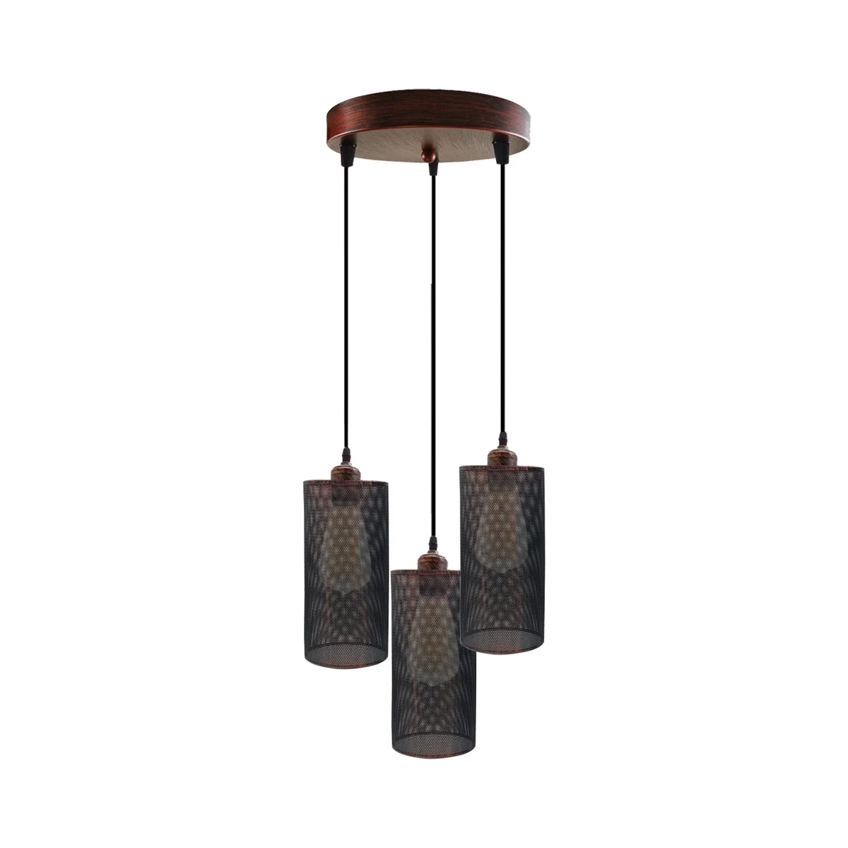 Three-head retro ceiling pendant light with round metal cage shades and adjustable cables hanging from ceiling rose