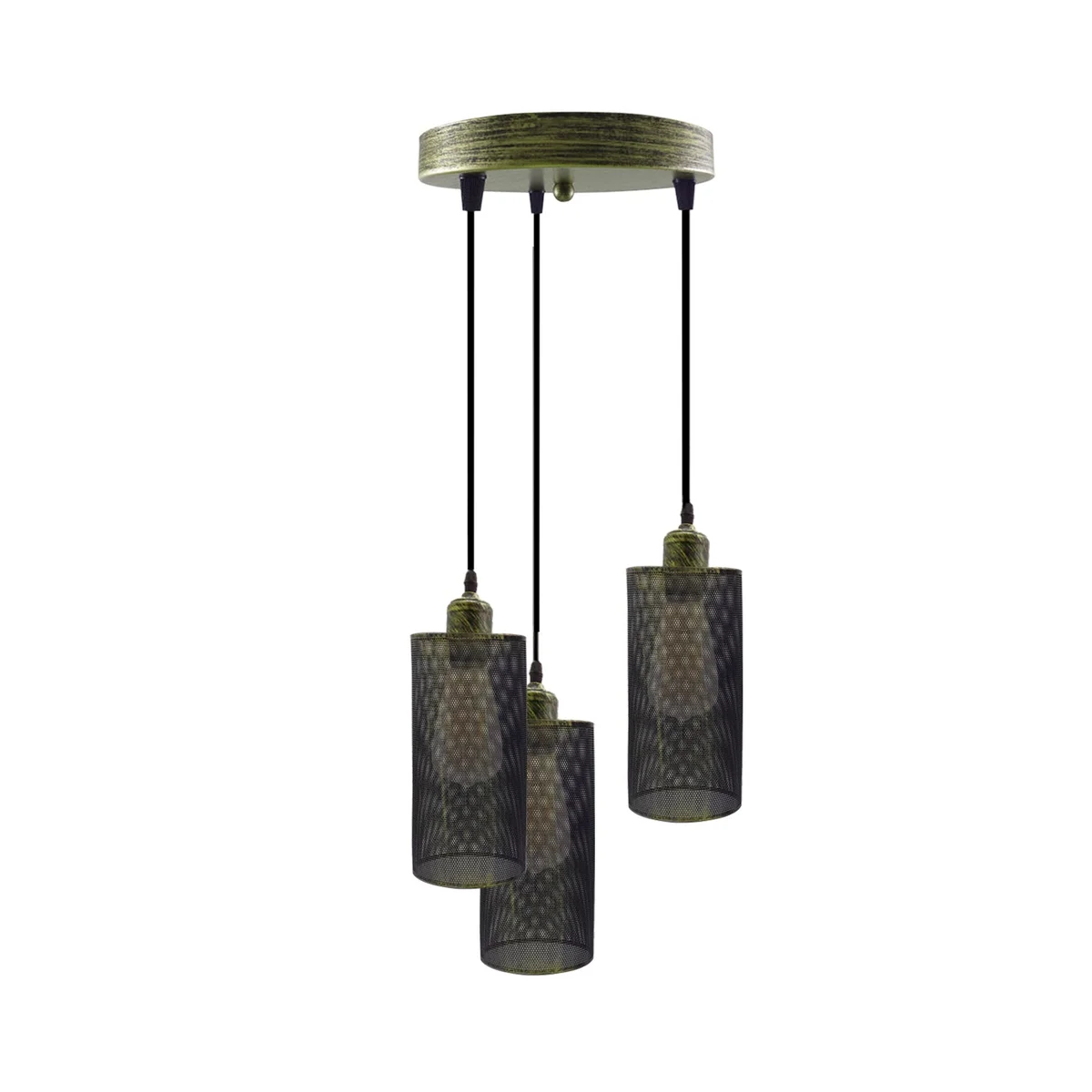 Three-headed retro ceiling pendant light with round metal cage shades and adjustable hanging cords against white background