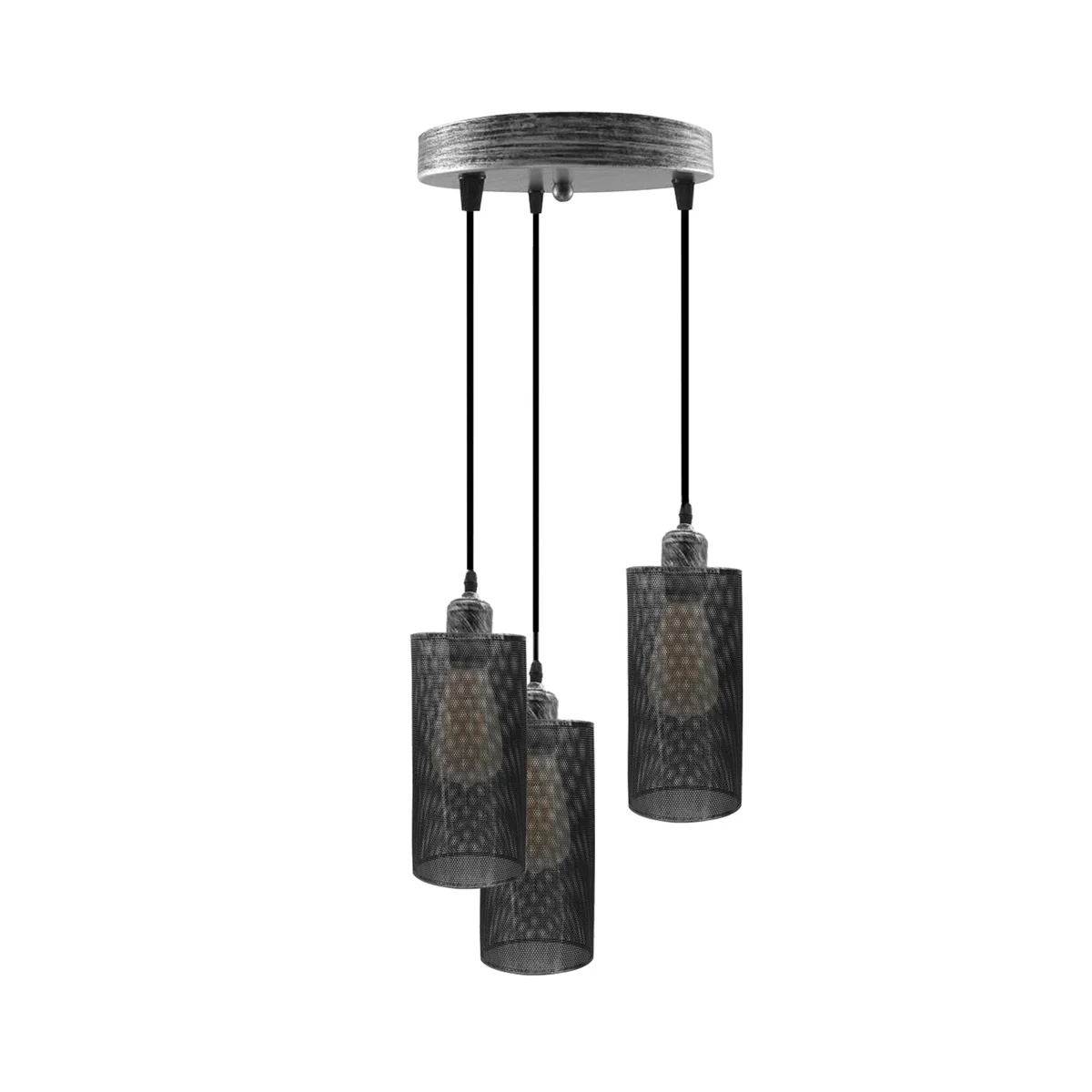Three-head retro ceiling pendant light with round metal cage shades and adjustable cables hanging from ceiling rose