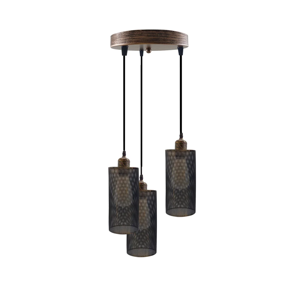 Three metal barrel cage retro ceiling pendant lights with adjustable cords and E27 holders against a white background