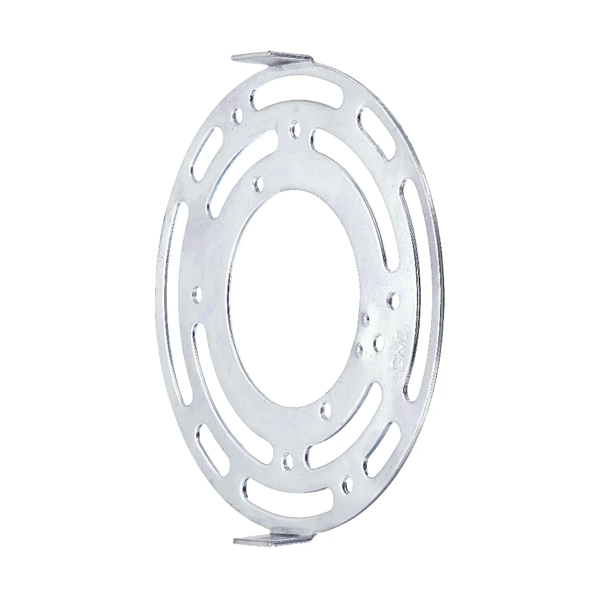 Silver round ceiling rose bracket with strap side fitting, adjustable slots, and mounting hardware included