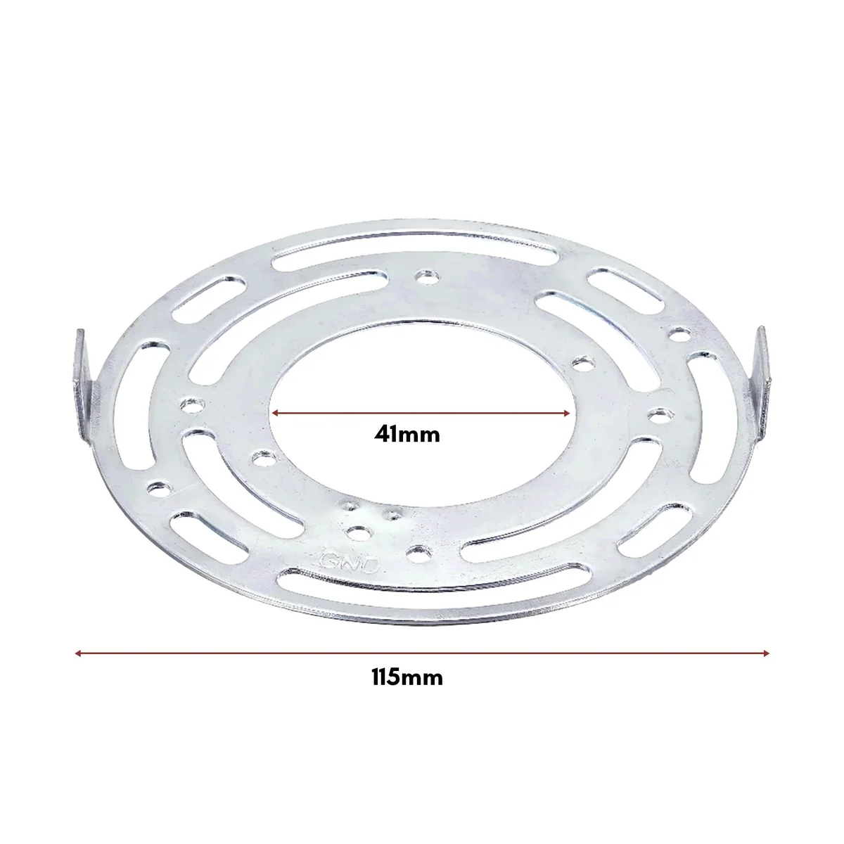 Silver round ceiling bracket with adjustable slots and mounting screws for securing light fixtures and lamps