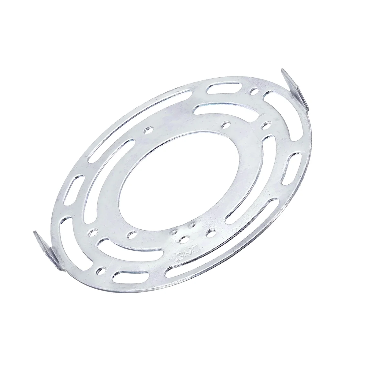 Silver round ceiling light fitting bracket with adjustable slots and mounting hardware for secure fixture installation
