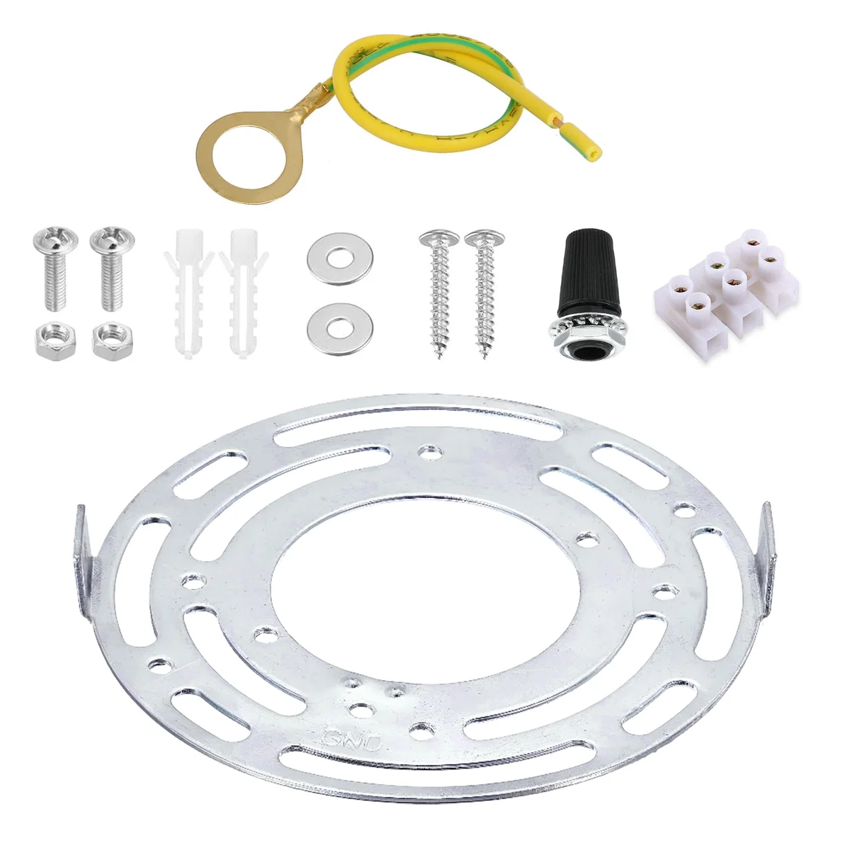 Silver metal ceiling rose with round mounting bracket and adjustable slots, including screws and mounting hardware accessories