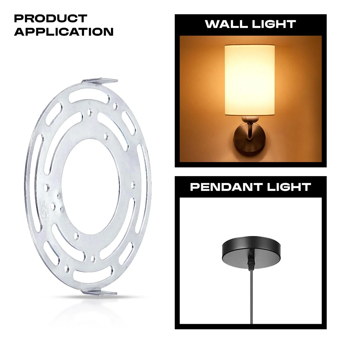 Silver adjustable ceiling bracket with round mounting plate, slots, screws, and wiring accessories for light fixtures