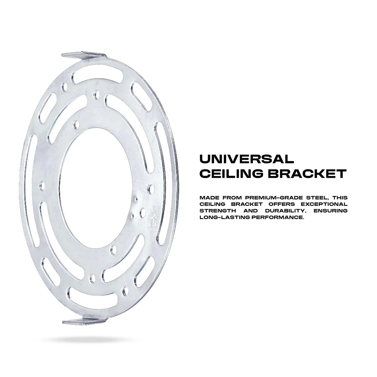 Round silver metal ceiling light mounting bracket with adjustable slots and included screws for secure fixture installation