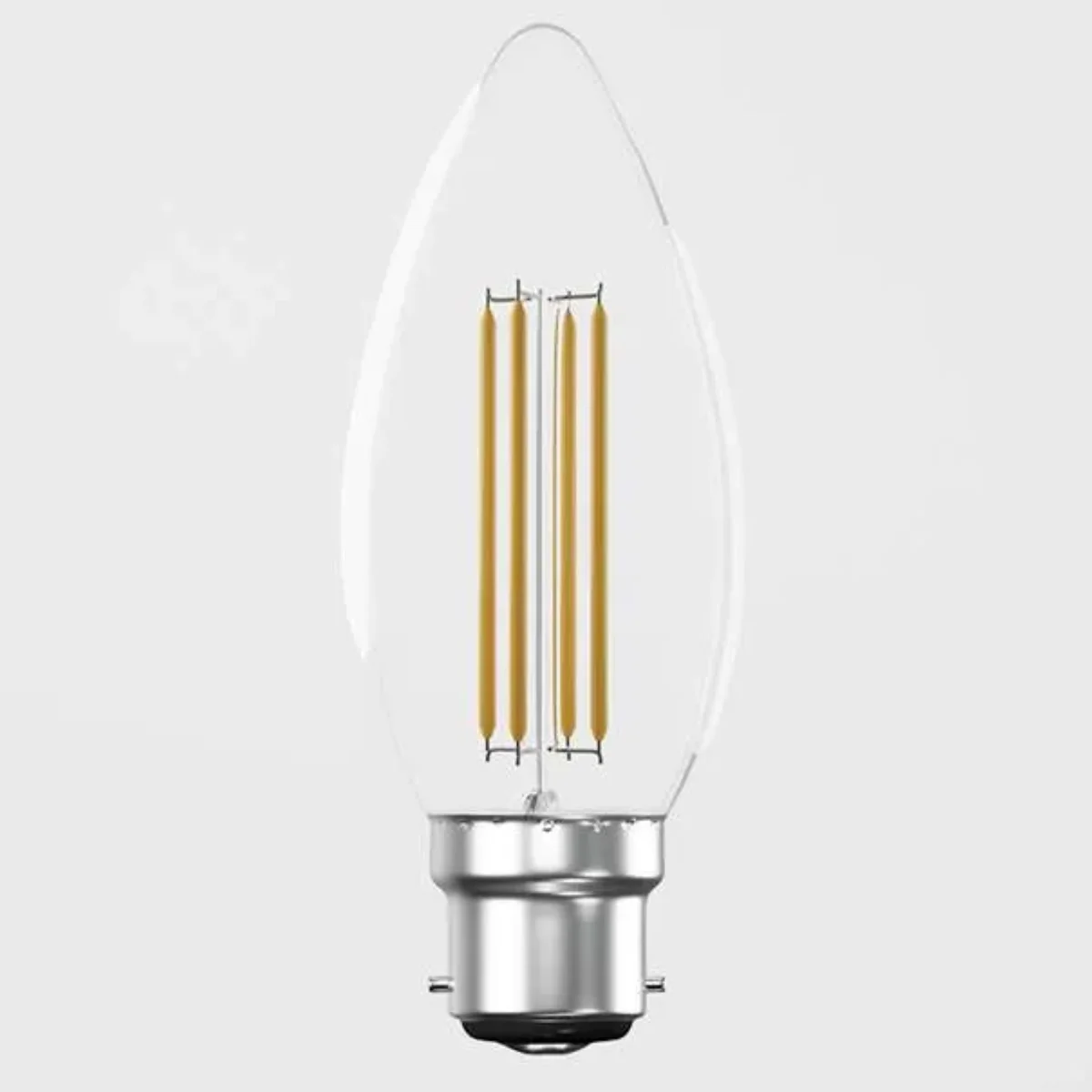 B22 LED filament bulb with warm white light, clear glass, and visible filament design for indoor use.