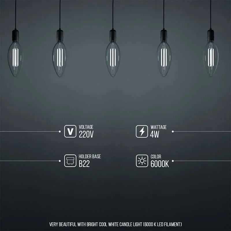 Single 4W LED candle bulb with B22 Edison screw base, warm white filament design, suitable for indoor use