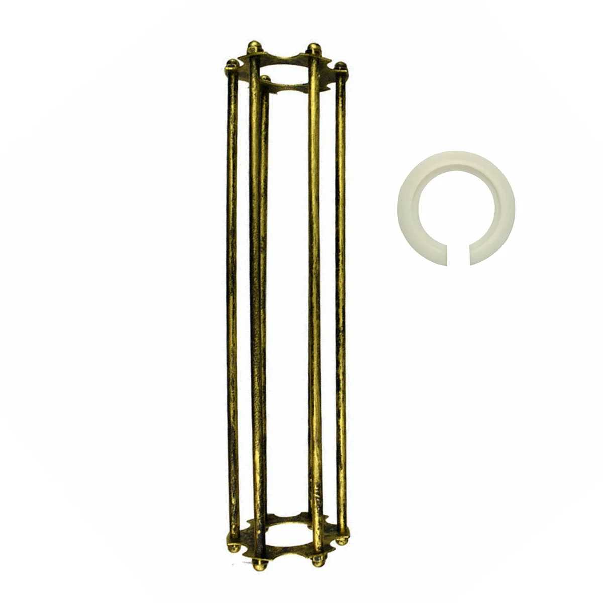 Vintage wire cage pendant in brushed brass metal, long cylindrical open frame, 30cm height, ceiling mount shade