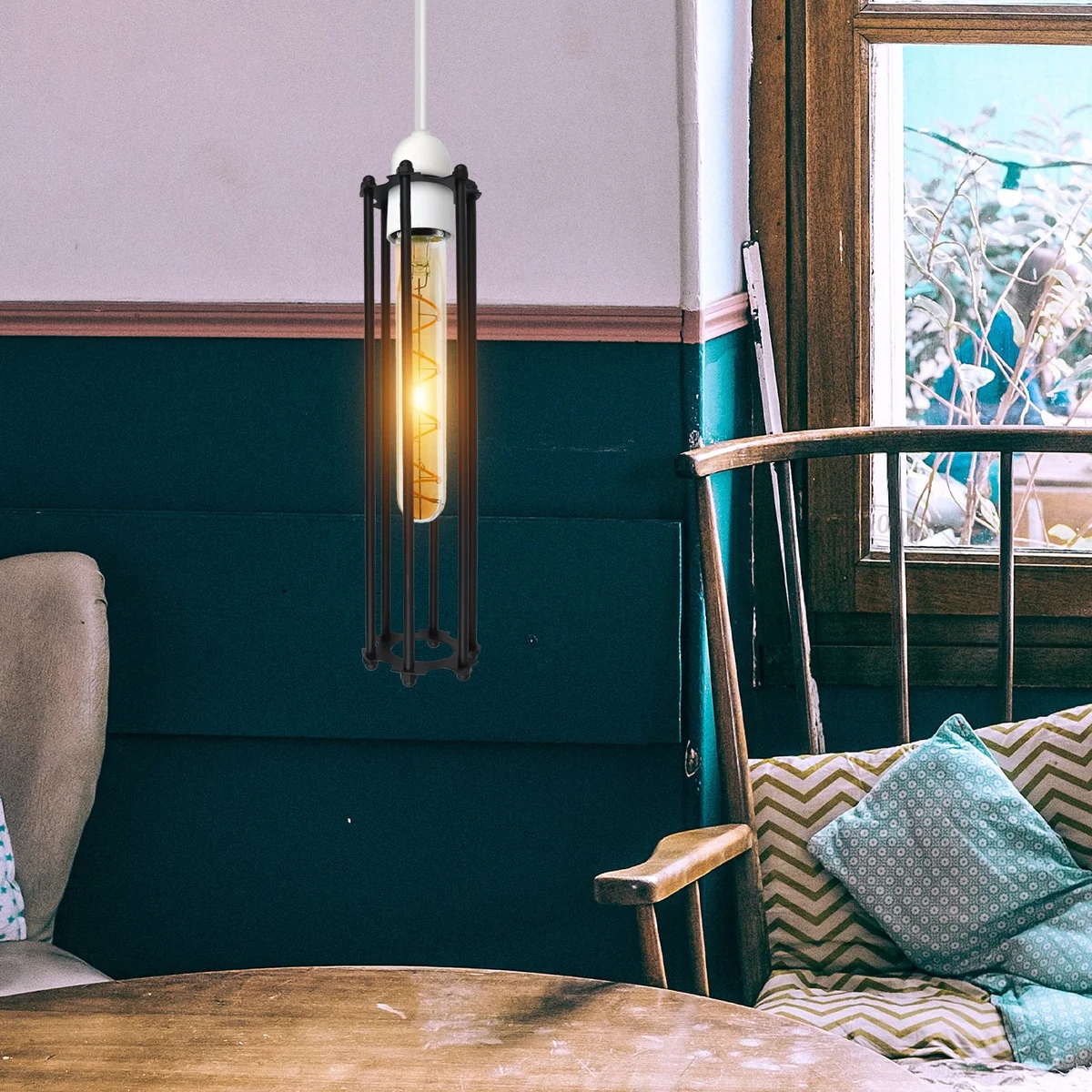 Vintage long cylindrical metal wire cage lampshade in brushed brass, 30cm tall, for ceiling pendant lighting