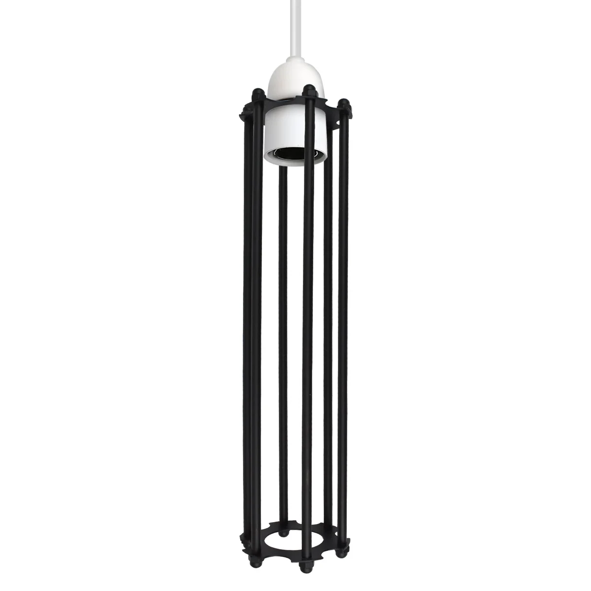 Vintage long cage pendant shade in brushed brass metal with cylindrical wire cage design, 30cm height, indoor ceiling mount