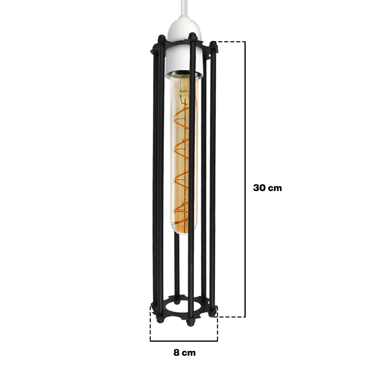Vintage wire cage pendant in brushed brass with cylindrical long metal frame, shown installed on ceiling light fitting