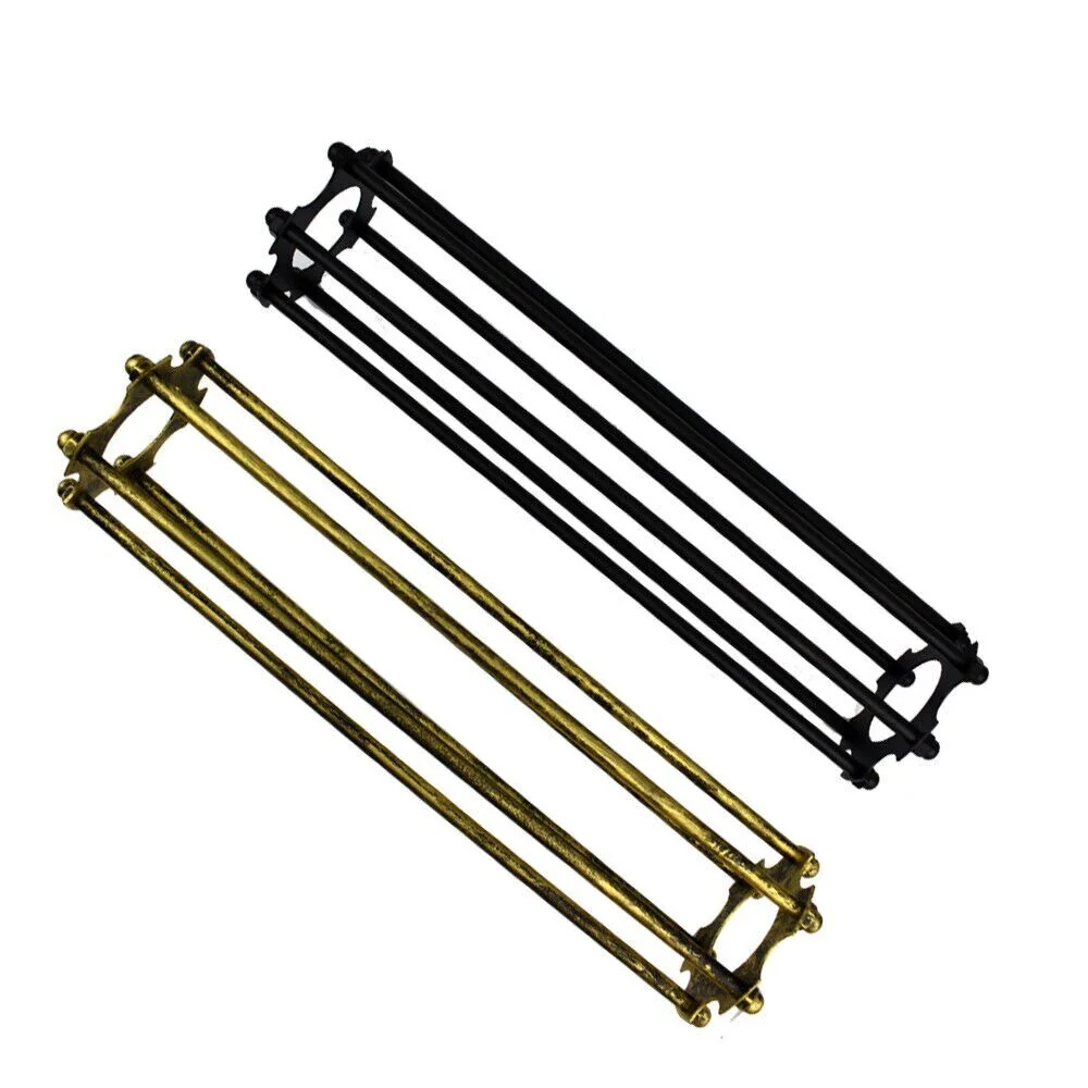 Brushed brass vintage wire cage pendant shade with long cylindrical metal frame, 30cm height, for E27 bulbs