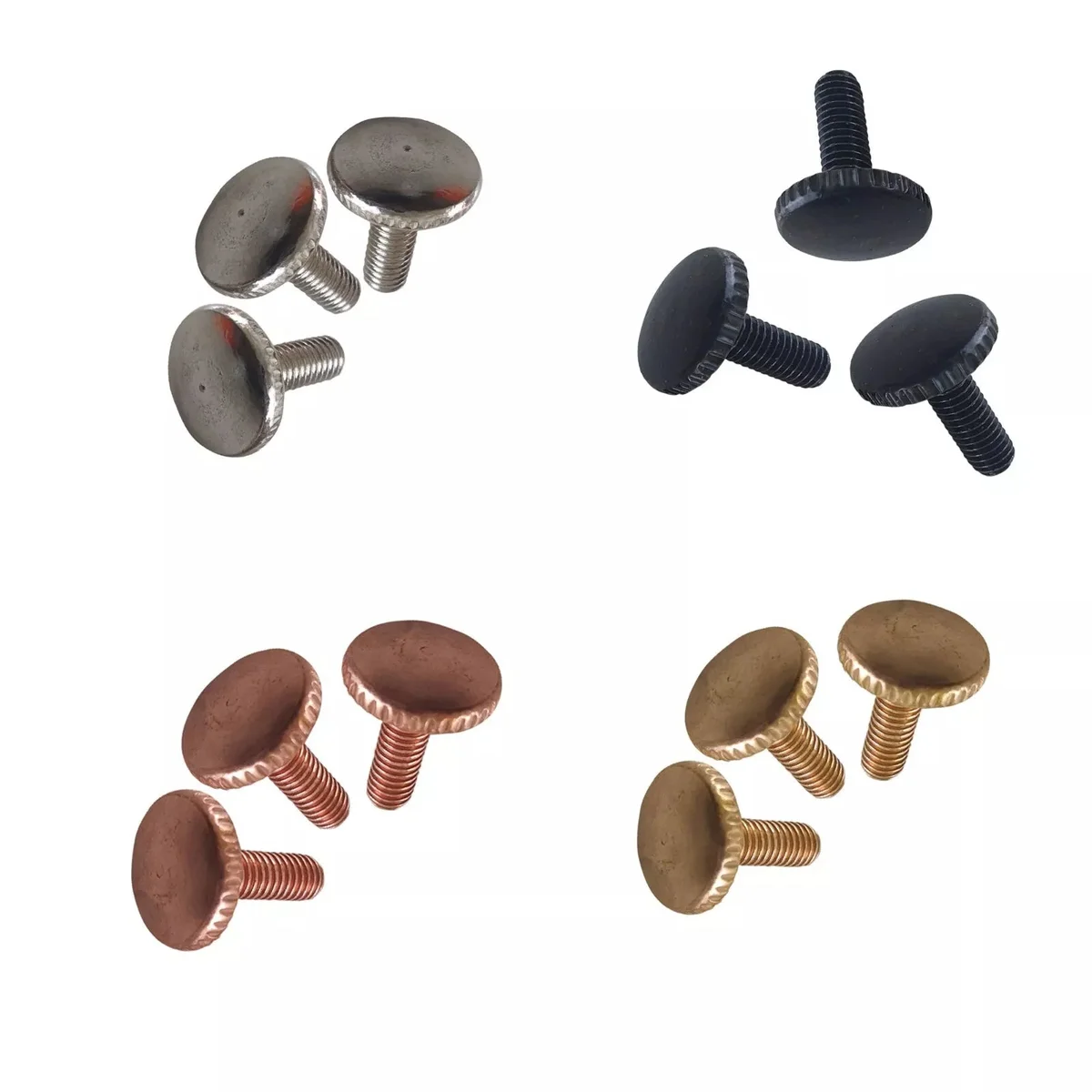 Three metal hand tightening screws with M4 threads and pan round heads on a white background