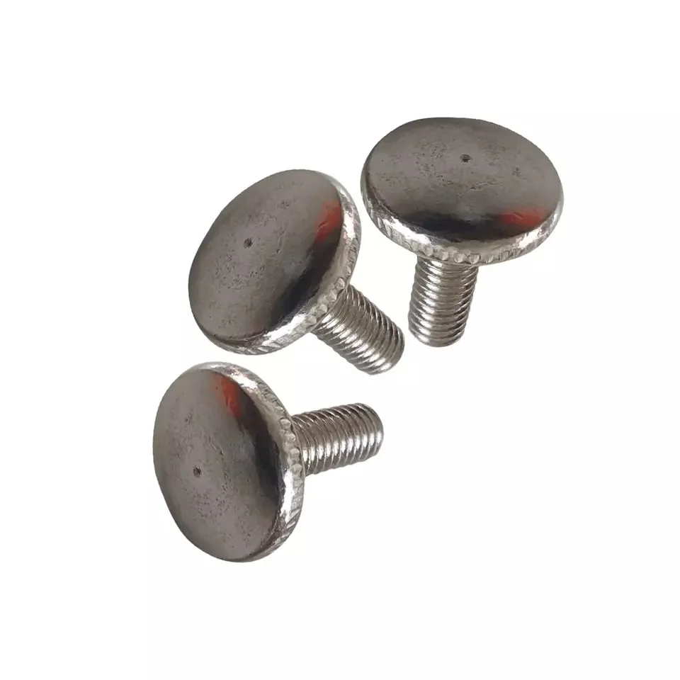 Three M4 hand tightening screws with pan round heads and fully threaded metal shafts on white background