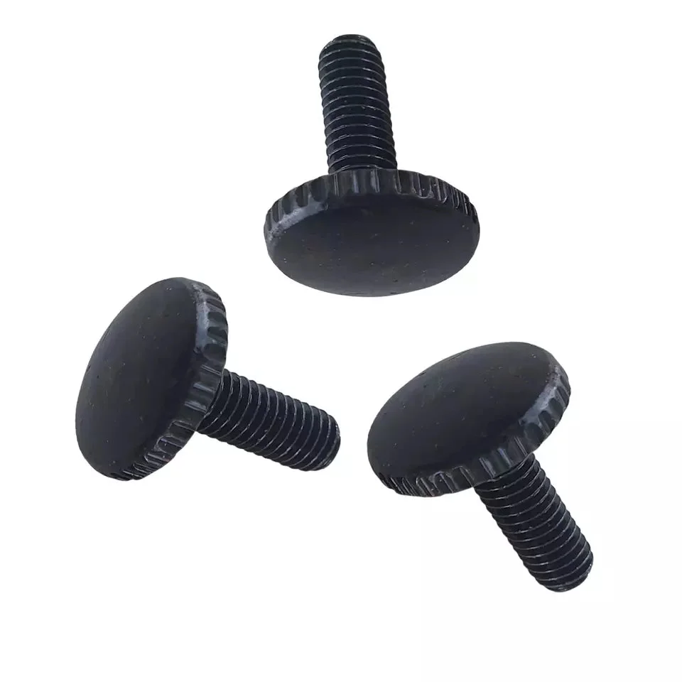 Three M4 hand tightening screws with pan round heads and fully threaded metal shafts on white background