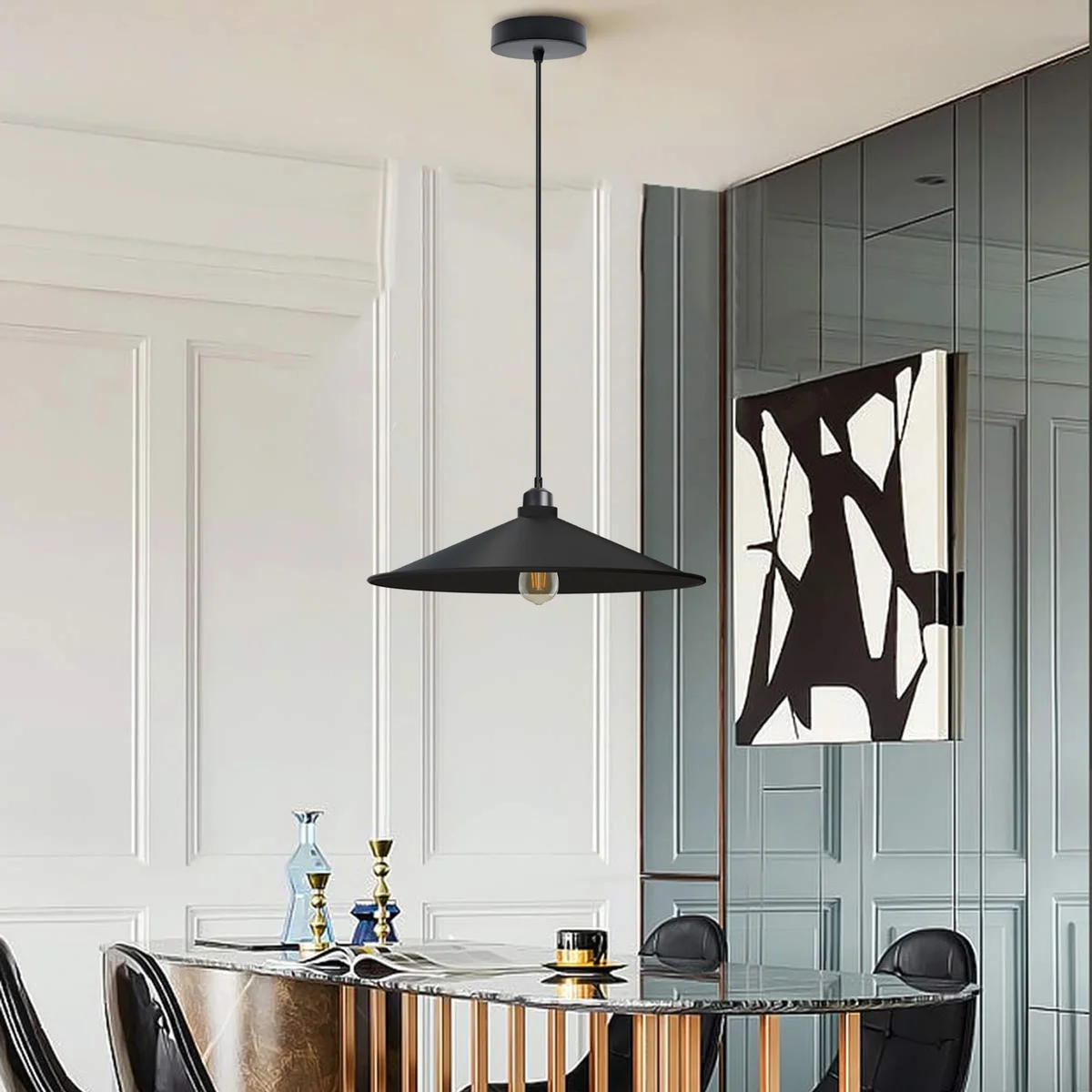 Retro pendant ceiling light with flat cone metal shade and adjustable hanging cable for indoor use, shown in black finish