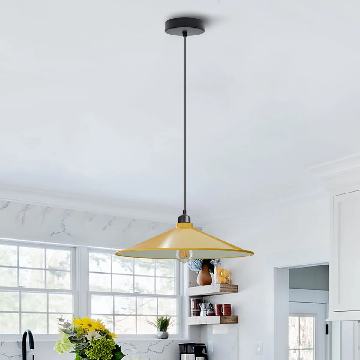 Retro-style hanging pendant light with adjustable cable and flat cone lamp shade in metal finish, ceiling mounted downlight