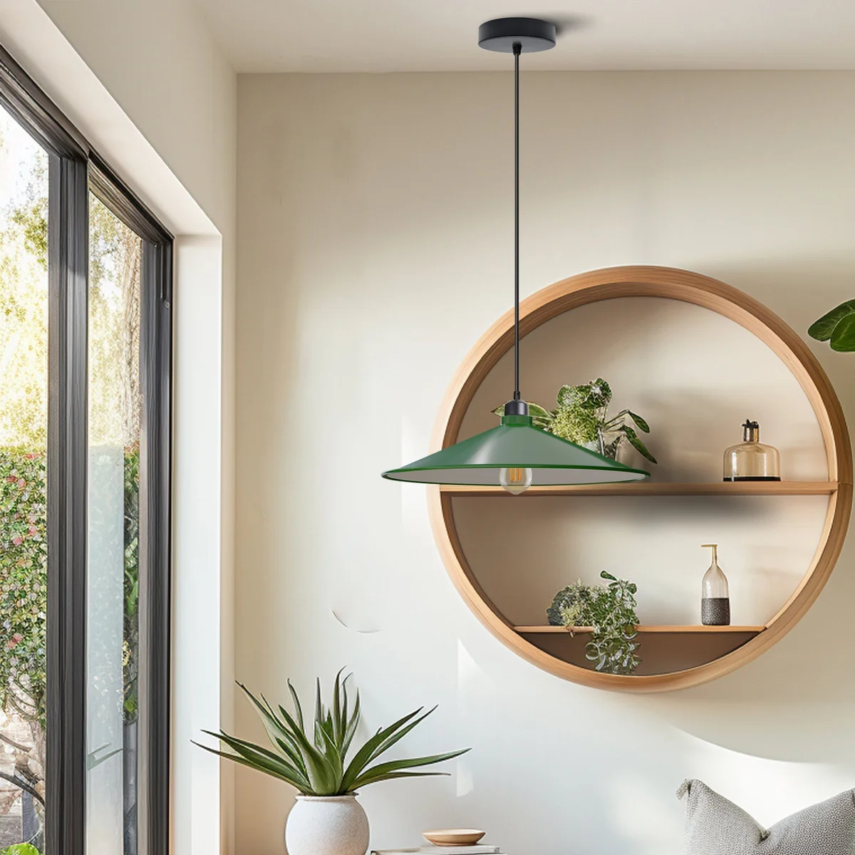 Adjustable hanging pendant with flat cone metal shade in retro style, ceiling mounted with 95cm cable length