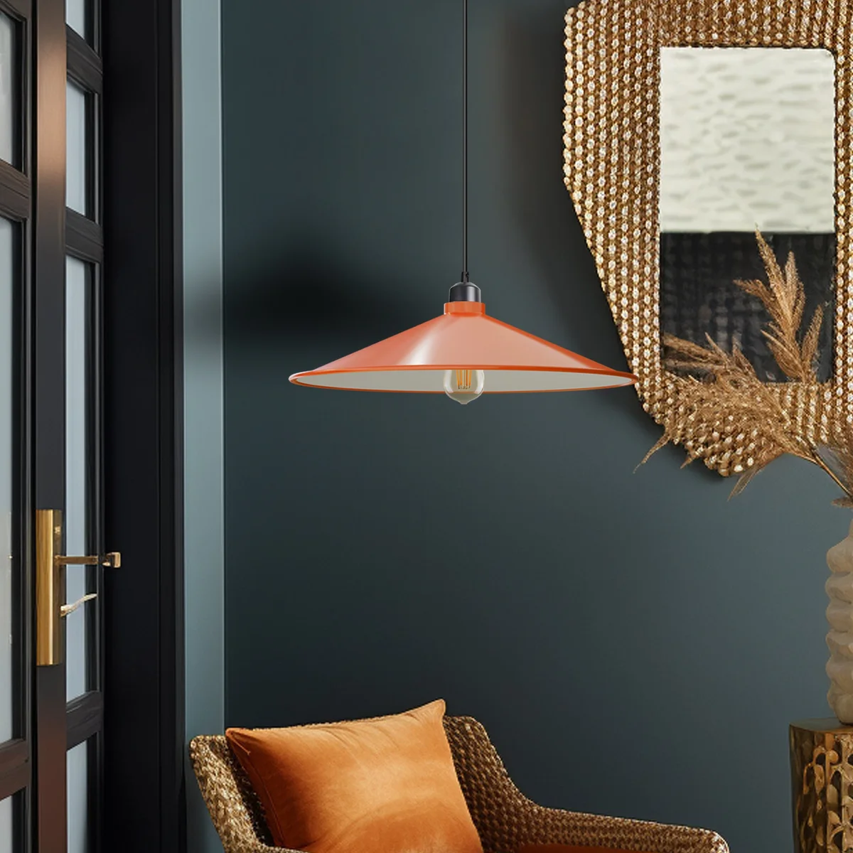 Adjustable hanging retro metal ceiling light with flat cone shade and 95cm cable, ideal for indoor use