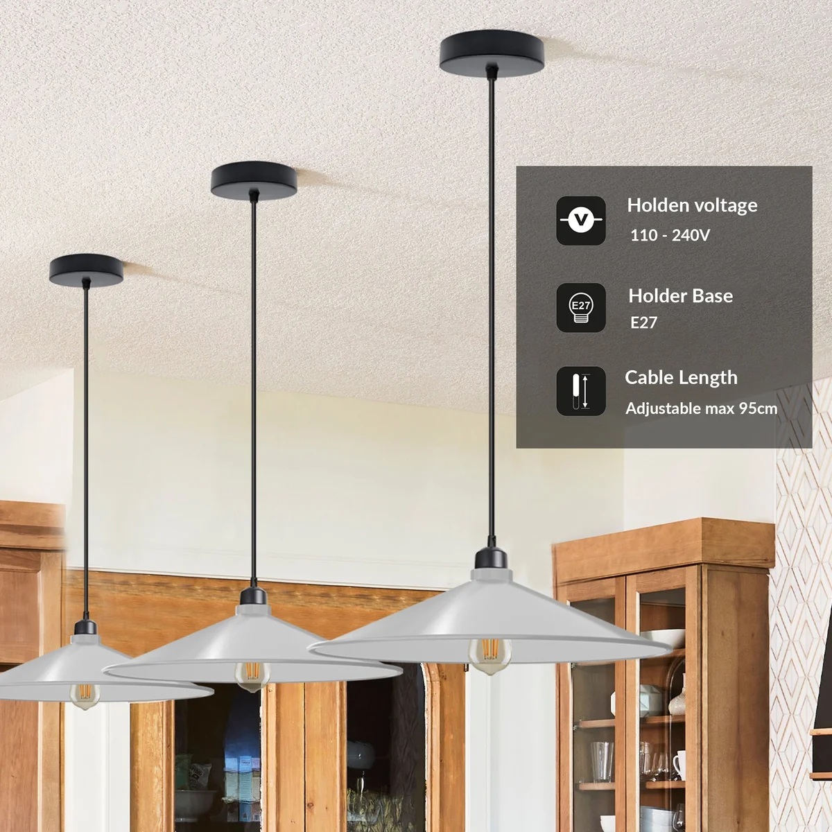 Retro-style hanging pendant light with flat cone metal shade and adjustable cable, compatible with E27 bulb pendant.