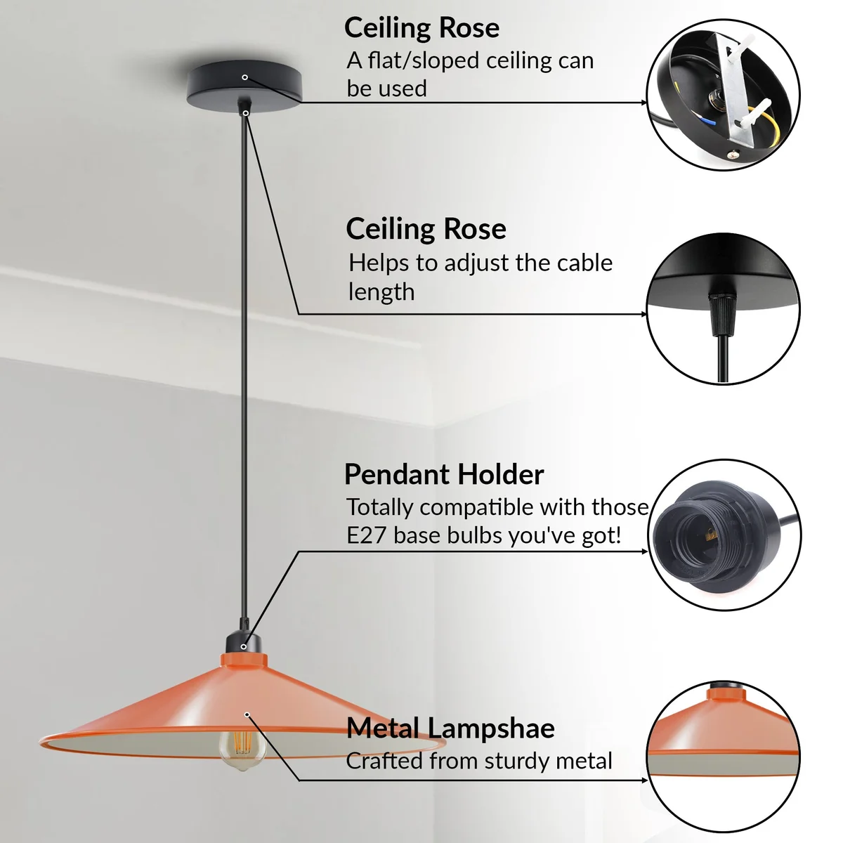 Retro-style indoor downlight pendant with flat cone metal shade and adjustable 95cm hanging cable, ceiling mounted light