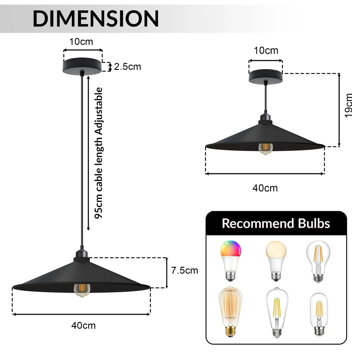 Retro pendant ceiling light with flat cone metal shade hanging from adjustable 95cm cable, shown against white background