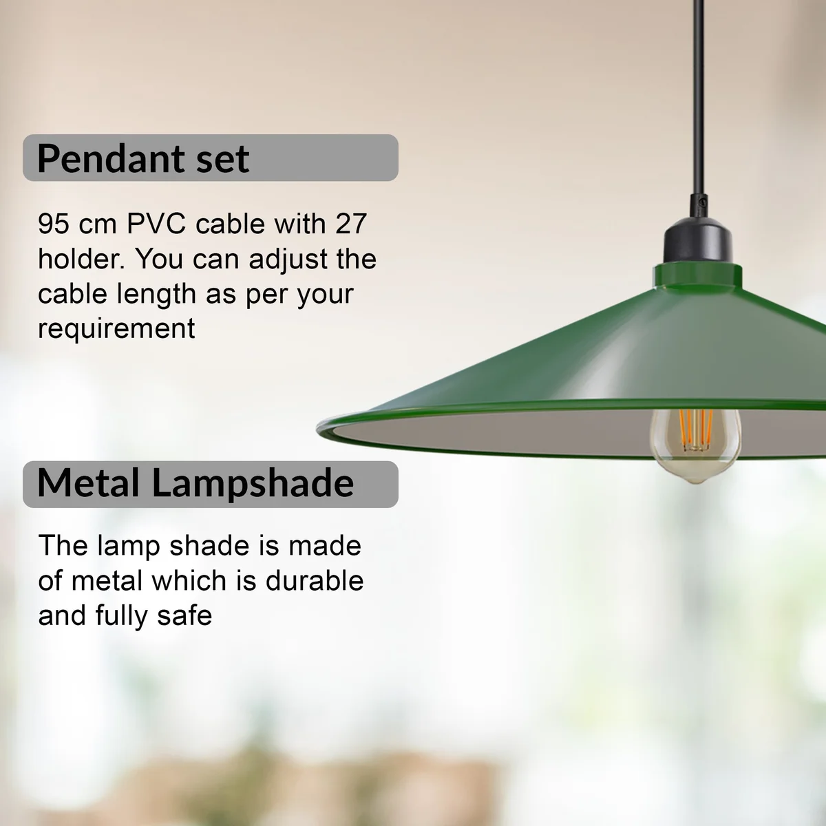Retro pendant ceiling light with flat cone metal shade, adjustable hanging cable, and hardwired ceiling mount in indoor setting