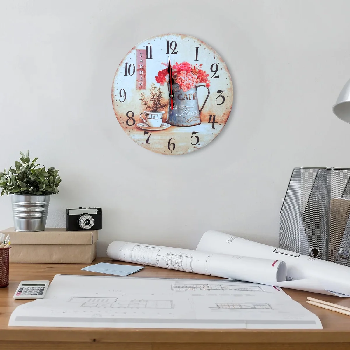 Round shabby chic wall clock with cafe cup and floral design, large numbers, battery powered, 30cm diameter on MDF material