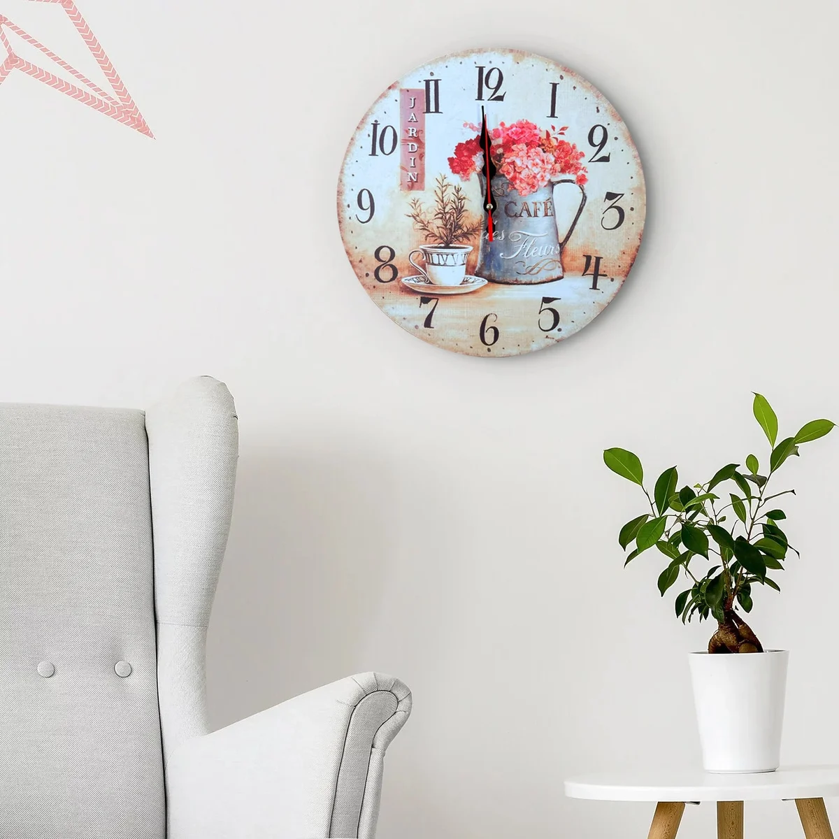 Round vintage wall clock with cafe cup and floral design on MDF, shabby chic style, 30cm diameter, battery powered