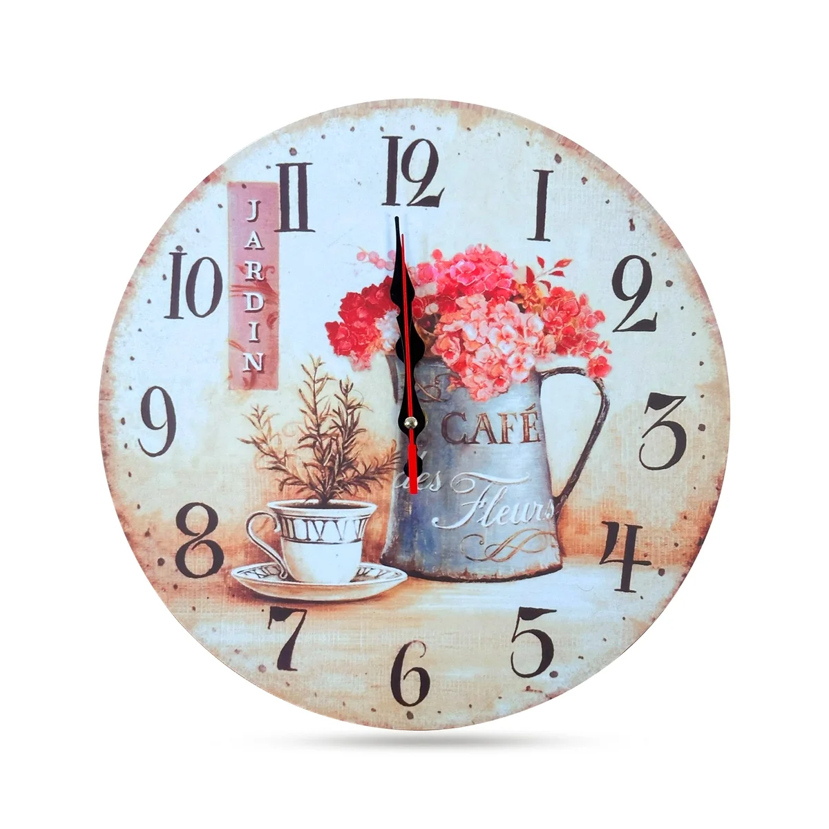 Round wall clock with vintage cafe cup and floral shabby chic design on MDF, 30cm diameter, no glass cover, battery powered